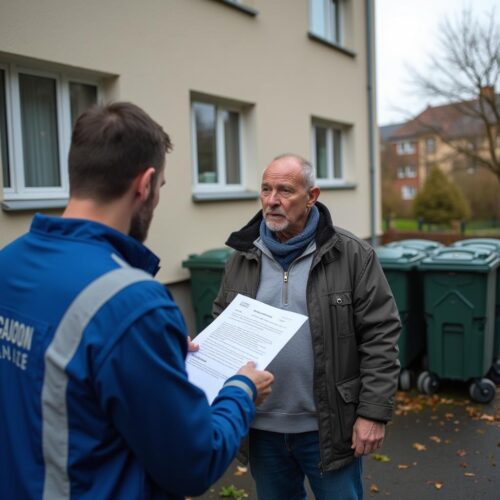 Städtischer Mitarbeiter übergibt Vermieter amtlichen Brief vor Mehrfamilienhaus mit Mülltonnen